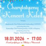 Plakat promujący charytatywny koncert kolęd. Ma radosny, zimowy charakter. Tło jasnoniebieskie, ozdobione białymi śnieżynkami i girlandami świetlnymi, które nadają mu świąteczny klimat. W dolnej części znajduje się ilustracja dziecka grającego na trąbce, obok którego unoszą się kolorowe nutki — symbol muzyki i dziecięcej radości. Treść plakatu informuje o wydarzeniu zatytułowanym „Charytatywny Koncert Kolęd”, o czym mówią białe napisy na środku plakatu. Poniżej niebieskie napisy: "Wystąpią Akademicki Chór Politechniki Krakowskiej CANTATA pod dyrekcją Marty Stós Kameralny Chór Prowincjonalny z GOK w Wieprzu pod dyrekcją Jolanty Wąs Organista - Dominik Bańdura". Poniżej kolejne napisy, czerwone: "18.01.2026 ~ 17:00 Kościół parafialnym pw. św. Mikołaja w Witanowicach". Na dole plakatu znajduje się informacja o zbiórce na rzecz dzieci z zespołem Joubert, napisana zielonymi literami, podkreślona na początku i na końcu ozdobnym znakiem tyldy.