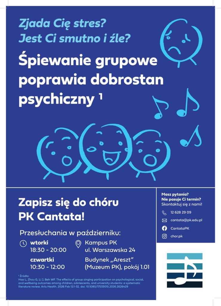 Plakat dotyczący naboru do Chóru "Cantata". Niebieskie tło, białe lub błękitne literki wpasowują się w barwy Politechniki. Plakat podzielony jest białymi liniami na sekcje. W górnej sekcji znajduje się błękitny napis: "Zjada Cię stres? Jest Ci smutno i źle?". I poniżej kolejny napis, już biały: "Śpiewanie grupowe poprawia dobrostan psychiczny", dalej w indeksie górnym cyfra "1". Również w tej sekcji są grafiki w kolorze błękitnym przedstawiające: u góry jedną smutną buźkę, poniżej nutki i jeszcze niżej 3 radosne, śpiewające buźki. W lewej dolnej sekcji są białe napisy: "Zapisz się do chóru PK Cantata! Przesłuchania w październiku:" I poniżej informacje w dwóch kolumnach. Kolumna lewa: "wtorki 18:30 - 20:00 czwartki 10:30 - 12:00", kolumna prawa: "Kampus PK ul. Warszawska 24 Budynek "Areszt" (Muzeum PK), pokój 1.01". Poniżej malutki, błękitnymi literkami zapisany komentarz do indeksu "1" z górnej sekcji plakatu: "1 Źródło: Hao L, Zhou G, Li J, Beh WF. The effects of group singing participation on psychological, social, and wellbeing outcomes among children, adolescents, and university students: a systematic literature review. Arts Health. 2026 Feb 12:1-32. doi: 10.1080/17533015.2026.2626429". W prawej dolnej sekcji są białe napisy: "Masz pytania" Nie pasuje Ci termin? Skontaktuj się z nami!" ikona telefonu i telefon: "12 628 2909" ikona poczty mail i adres: "cantata@pk.edu.pl" ikona facebooka i adres: "CantataPK" ikona instagrama i adres: chor.pk". Poniżej kolorowe logo Chóru.
