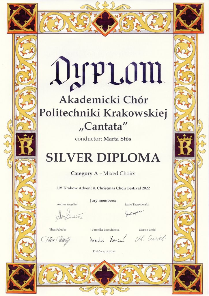 Ostatni sukces Chóru – „Srebrny Dyplom” na Festiwalu Pieśni Adwentowej i Bożonarodzeniowej w Krakowie 2-4.12.2022